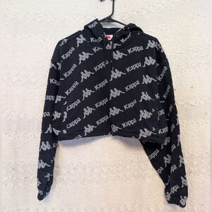 Kappa Women's Logo Patterned Black and Gray Hoodie Cropped Size Medium